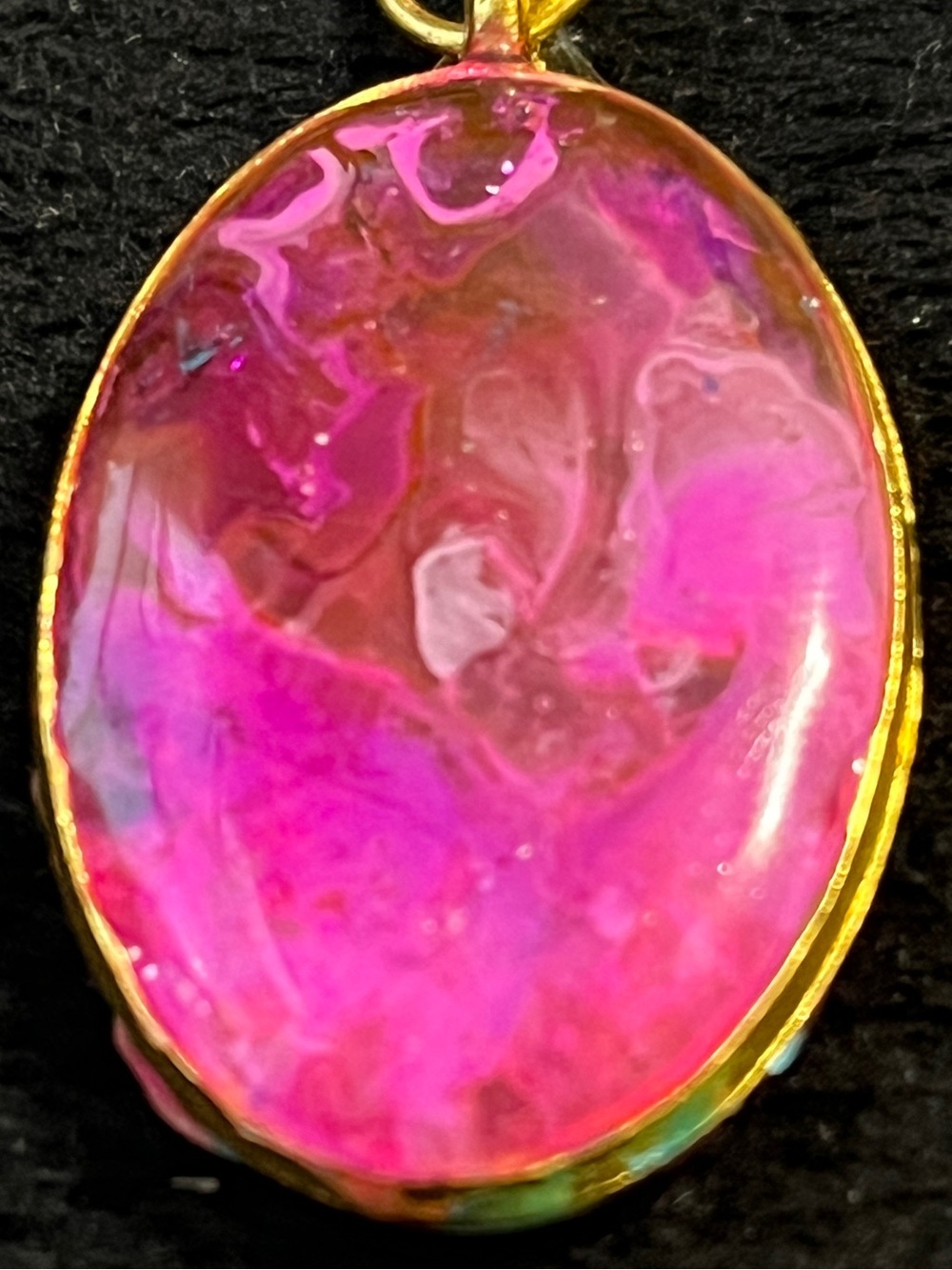 OOAK Handmade Pink Marbled Resin Oval Pendant Necklace Gold Tone